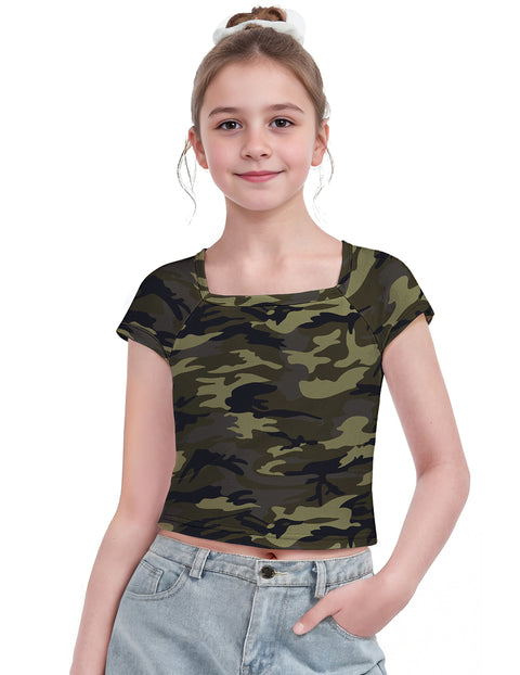 Girls Square Neck Crop Top Short Sleeve Slim Fit Summer Tee - Camo