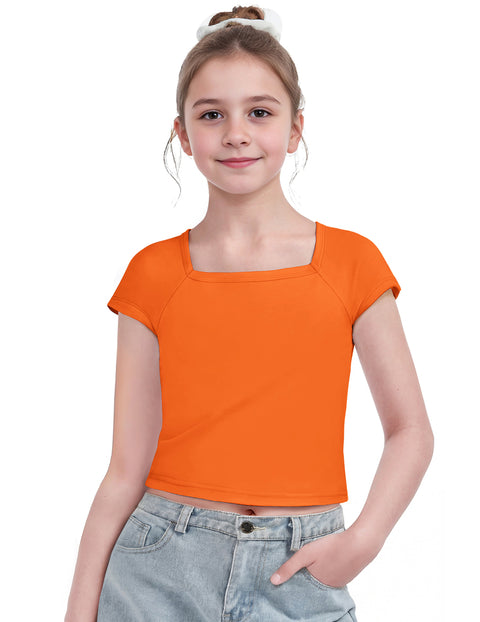 Girls Square Neck Crop Top Short Sleeve Slim Fit Summer Tee - Orange