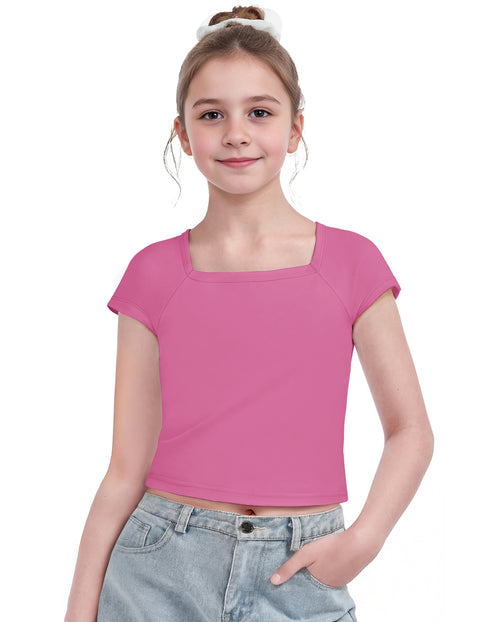 Girls Square Neck Crop Top Short Sleeve Slim Fit Summer Tee - Rose Red