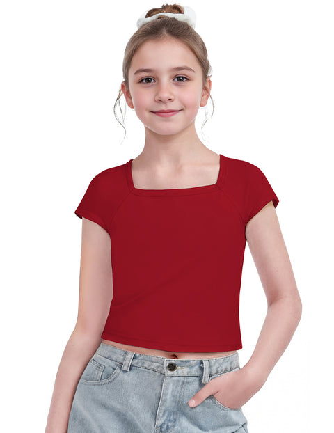 Girls Square Neck Crop Top Short Sleeve Slim Fit Summer Tee - Red