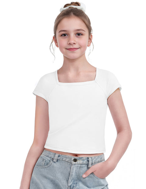 Girls Square Neck Crop Top Short Sleeve Slim Fit Summer Tee - White