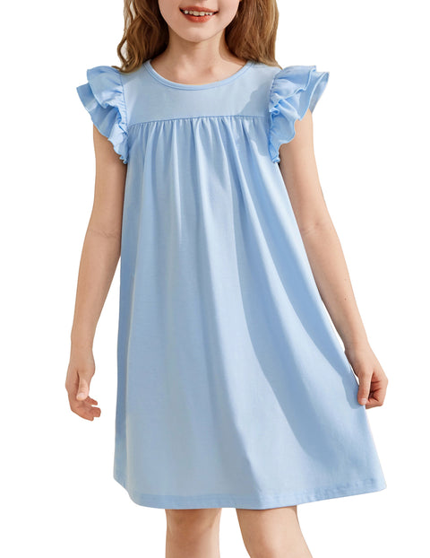 Girls Nightgown Short Ruffle Sleeve Soft Sleep Dress Cute Pajama Dress - Blue