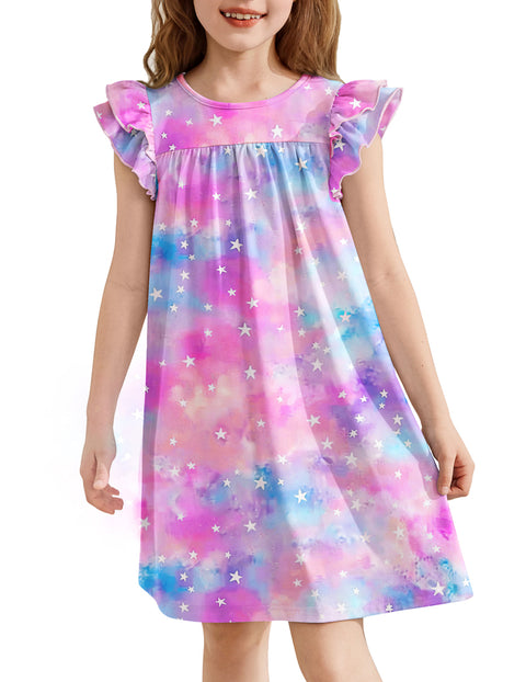 Girls Nightgown Short Ruffle Sleeve Soft Sleep Dress Cute Pajama Dress - Tie-dye Stars