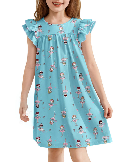 Girls Nightgown Short Ruffle Sleeve Soft Sleep Dress Cute Pajama Dress - Blue Little Girls