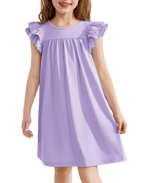 Girls Nightgown Short Ruffle Sleeve Soft Sleep Dress Cute Pajama Dress - Purple