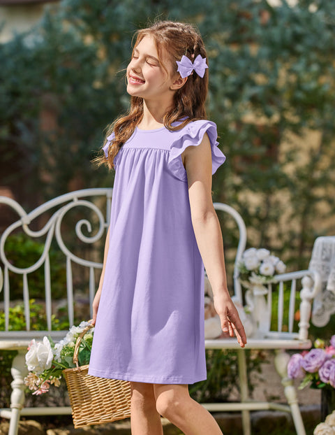 Girls Nightgown Short Ruffle Sleeve Soft Sleep Dress Cute Pajama Dress - Purple