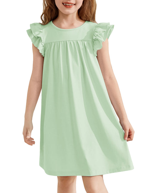 Girls Nightgown Short Ruffle Sleeve Soft Sleep Dress Cute Pajama Dress - Grass Green