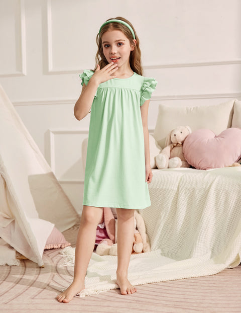 Girls Nightgown Short Ruffle Sleeve Soft Sleep Dress Cute Pajama Dress - Grass Green