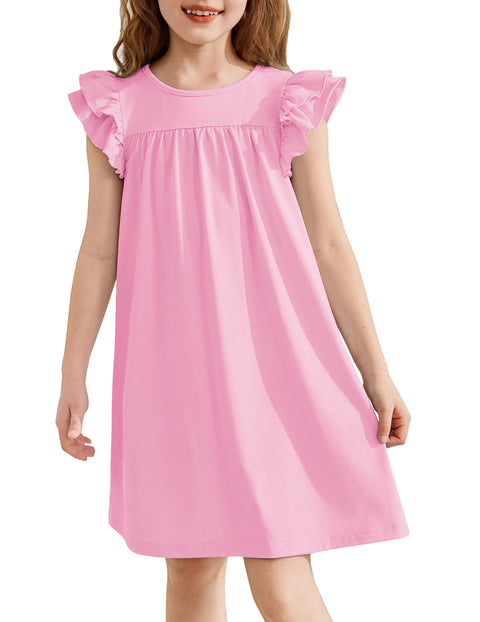 Girls Nightgown Short Ruffle Sleeve Soft Sleep Dress Cute Pajama Dress - Pink