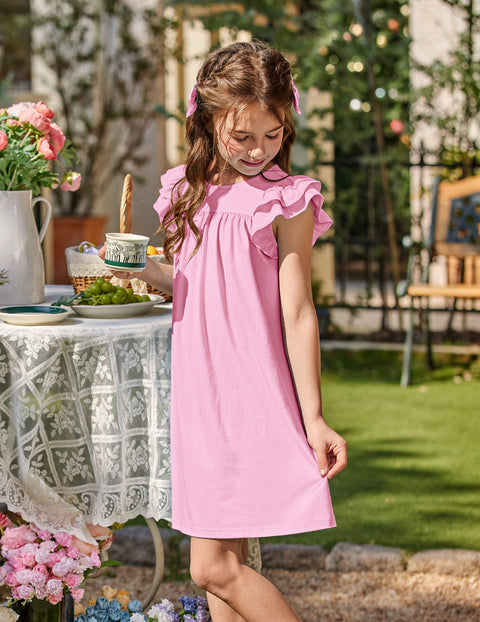 Girls Nightgown Short Ruffle Sleeve Soft Sleep Dress Cute Pajama Dress - Pink