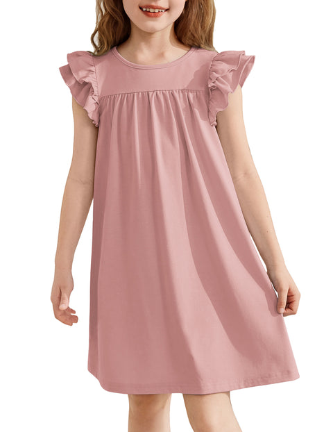 Girls Nightgown Short Ruffle Sleeve Soft Sleep Dress Cute Pajama Dress - Lotus Root Pink