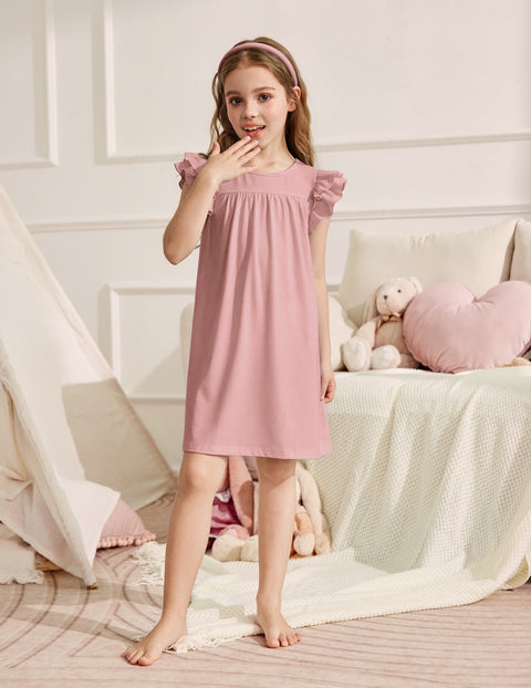 Girls Nightgown Short Ruffle Sleeve Soft Sleep Dress Cute Pajama Dress - Lotus Root Pink