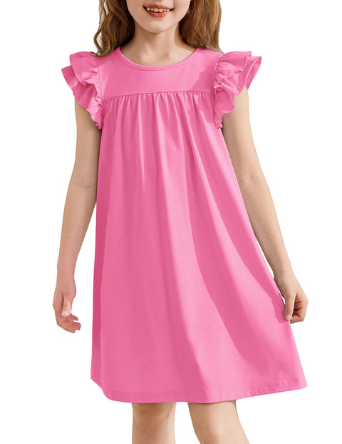 Girls Nightgown Short Ruffle Sleeve Soft Sleep Dress Cute Pajama Dress - Rose Red