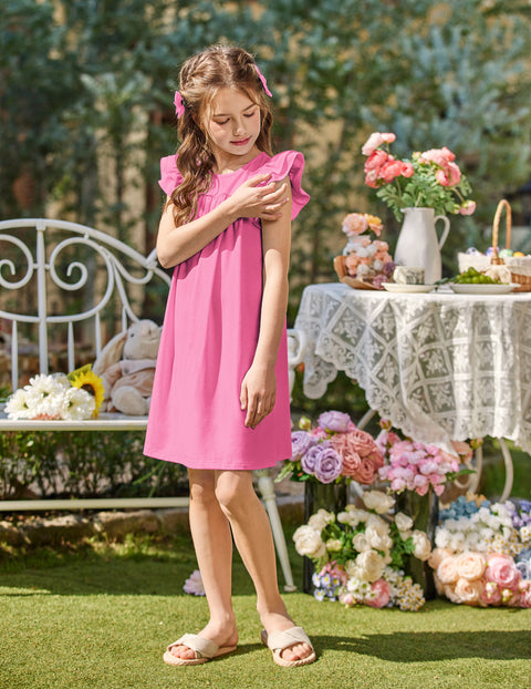 Girls Nightgown Short Ruffle Sleeve Soft Sleep Dress Cute Pajama Dress - Rose Red