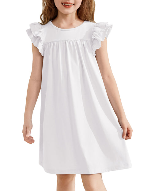 Girls Nightgown Short Ruffle Sleeve Soft Sleep Dress Cute Pajama Dress - White