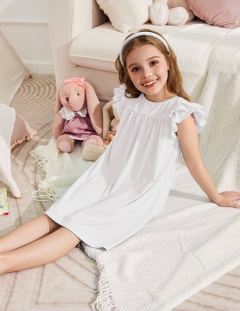 Girls Nightgown Short Ruffle Sleeve Soft Sleep Dress Cute Pajama Dress - White