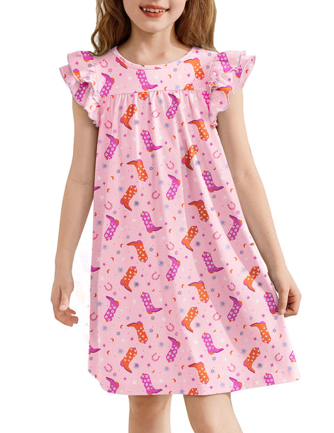 Girls Nightgown Short Ruffle Sleeve Soft Sleep Dress Cute Pajama Dress - Pink Cartoon Boots