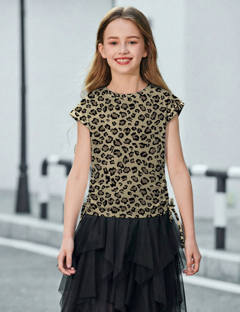 Girls Cap Sleeve Ruched Knot Side Crewneck T-Shirt Summer Tee - Leopard Print