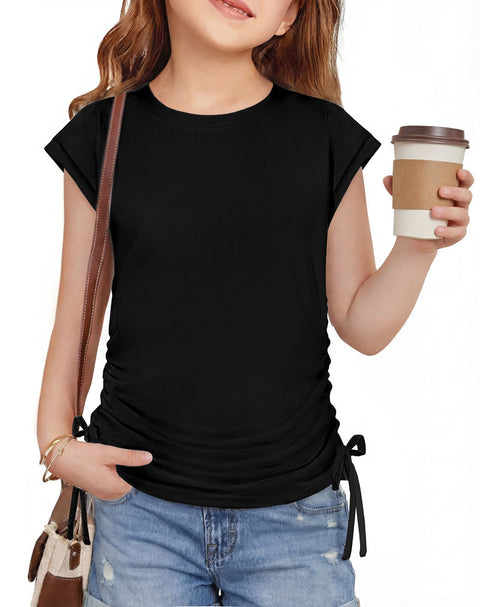 Girls Cap Sleeve Ruched Knot Side Crewneck T-Shirt Summer Tee - Black