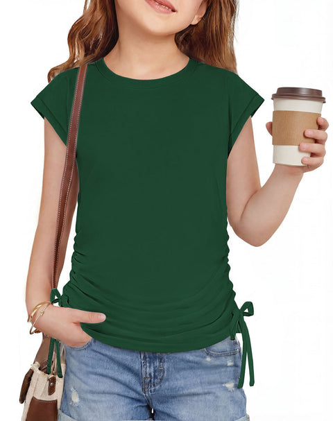 Girls Cap Sleeve Ruched Knot Side Crewneck T-Shirt Summer Tee - Green