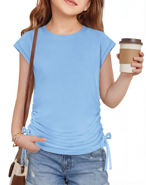 Girls Cap Sleeve Ruched Knot Side Crewneck T-Shirt Summer Tee - Light Blue