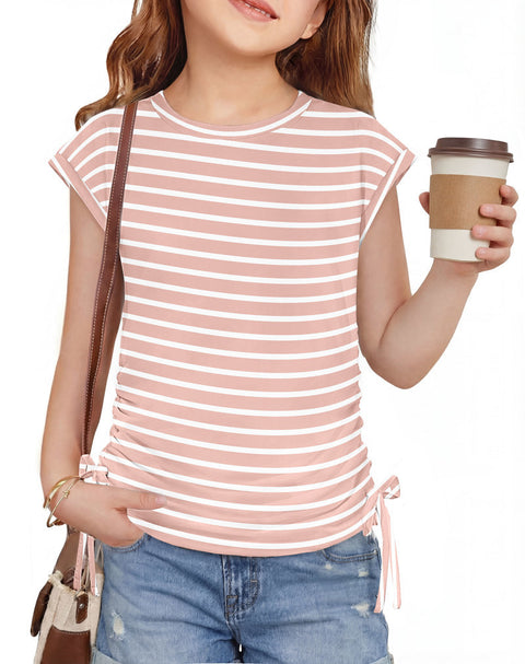 Girls Cap Sleeve Ruched Knot Side Crewneck T-Shirt Summer Tee - Pink Stripe