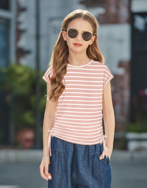 Girls Cap Sleeve Ruched Knot Side Crewneck T-Shirt Summer Tee - Pink Stripe