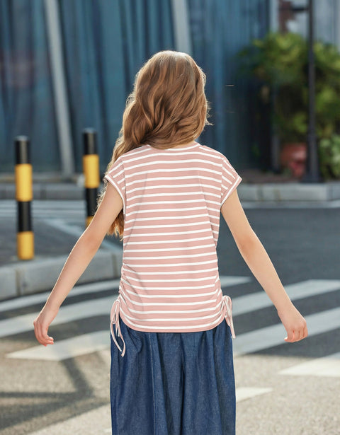 Girls Cap Sleeve Ruched Knot Side Crewneck T-Shirt Summer Tee - Pink Stripe