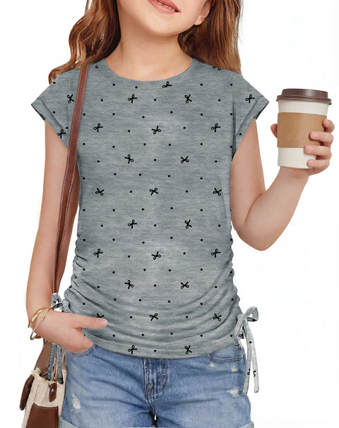 Girls Cap Sleeve Ruched Knot Side Crewneck T-Shirt Summer Tee - Grey Bow