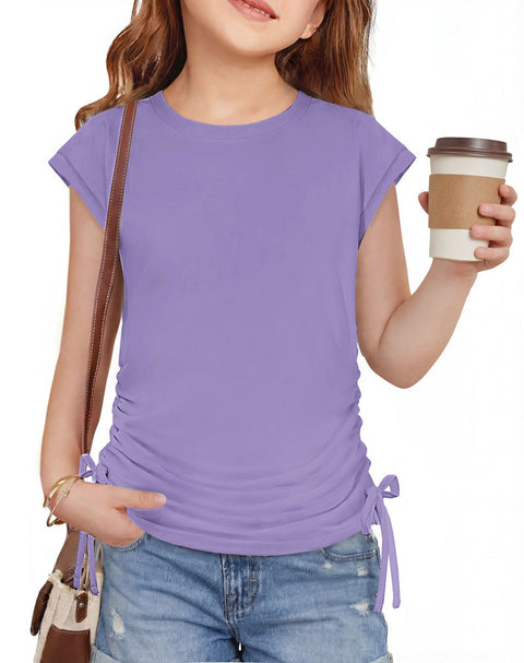 Girls Cap Sleeve Ruched Knot Side Crewneck T-Shirt Summer Tee - Purple