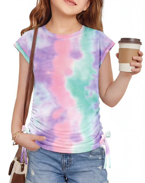 Girls Cap Sleeve Ruched Knot Side Crewneck T-Shirt Summer Tee - Tie Dye