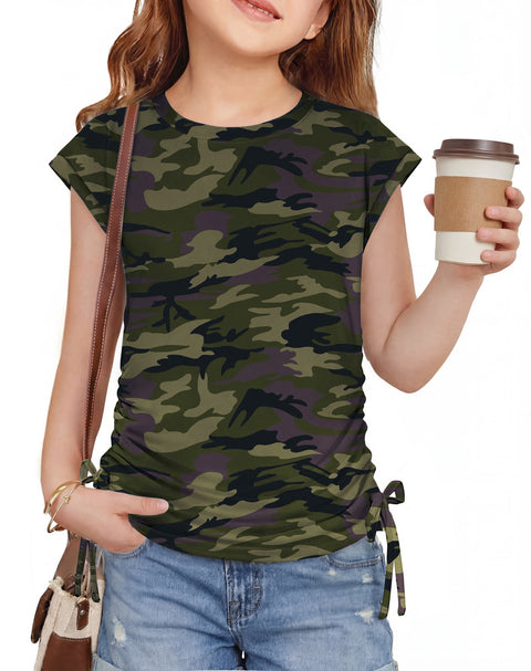 Girls Cap Sleeve Ruched Knot Side Crewneck T-Shirt Summer Tee - Camo