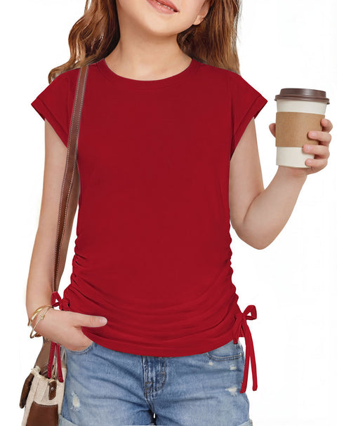 Girls Cap Sleeve Ruched Knot Side Crewneck T-Shirt Summer Tee - Red