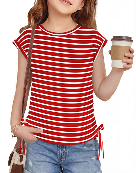 Girls Cap Sleeve Ruched Knot Side Crewneck T-Shirt Summer Tee - Red Stripe