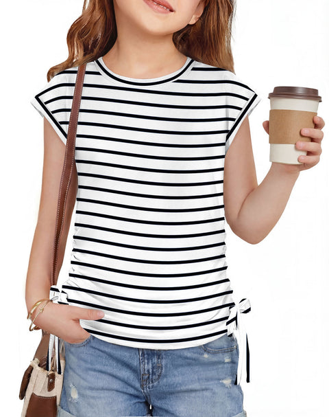 Girls Cap Sleeve Ruched Knot Side Crewneck T-Shirt Summer Tee - Black Stripe