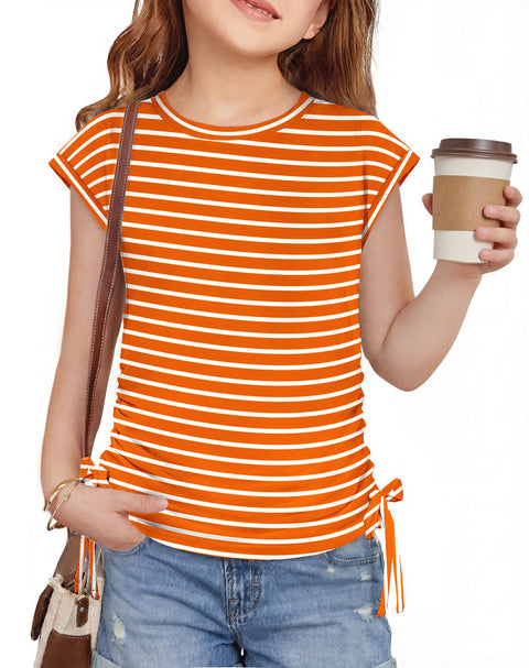 Girls Cap Sleeve Ruched Knot Side Crewneck T-Shirt Summer Tee - Orange Stripes