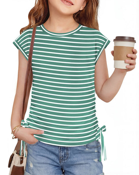 Girls Cap Sleeve Ruched Knot Side Crewneck T-Shirt Summer Tee - Light Green Stripe