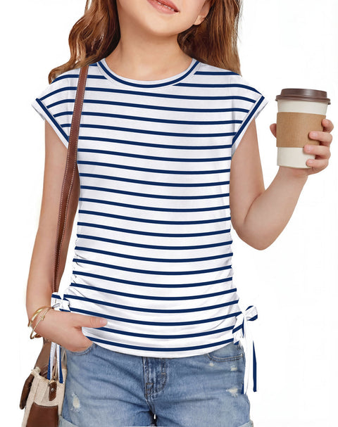 Girls Cap Sleeve Ruched Knot Side Crewneck T-Shirt Summer Tee - Navy Blue Stripe