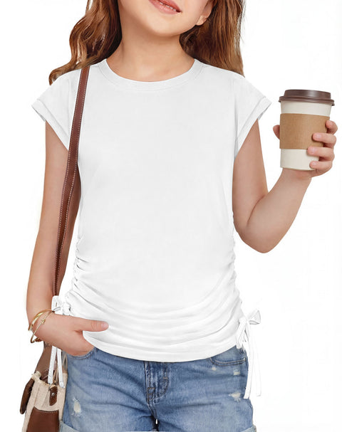 Girls Cap Sleeve Ruched Knot Side Crewneck T-Shirt Summer Tee - White