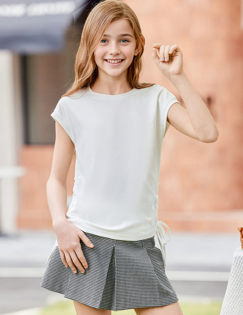 Girls Cap Sleeve Ruched Knot Side Crewneck T-Shirt Summer Tee - White