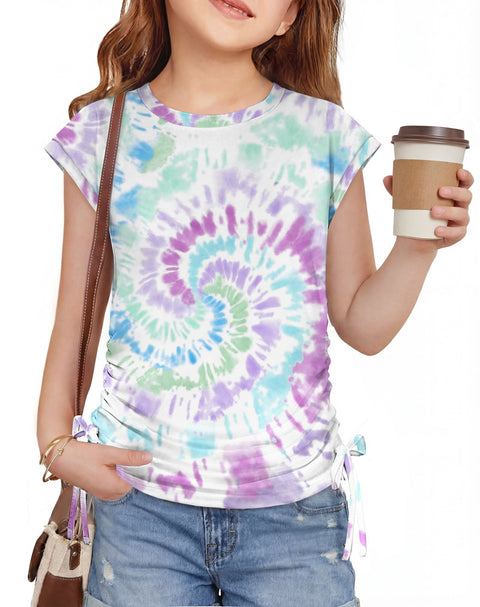 Girls Cap Sleeve Ruched Knot Side Crewneck T-Shirt Summer Tee - Tie Dye Spiral