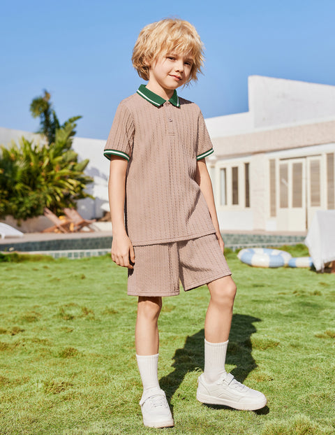 Boys Rib Knit Polo Shirt & Elastic Shorts Set