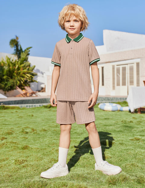 Boys Rib Knit Polo Shirt & Elastic Shorts Set