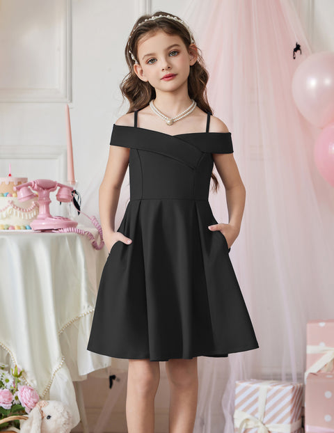 Girls Off Shoulder Pleated A-Line Dress Cold Shoulder Party Dress with Pockets - Black
