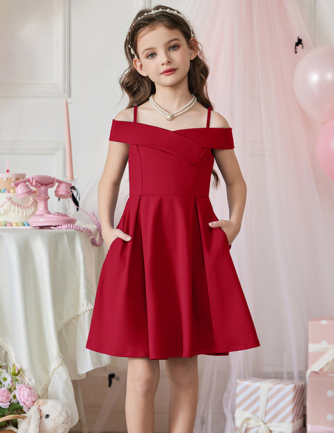 Girls Off Shoulder Pleated A-Line Dress Cold Shoulder Party Dress with Pockets - Red