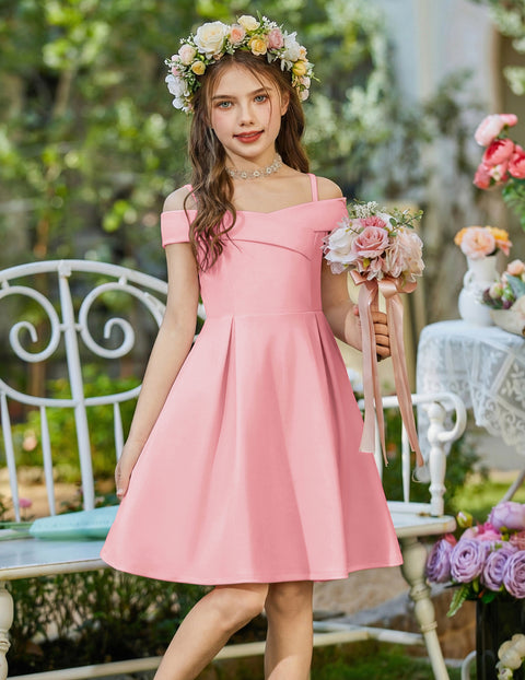 Girls Off Shoulder Pleated A-Line Dress Cold Shoulder Party Dress with Pockets - A-pink