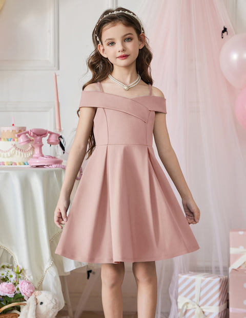 Girls Off Shoulder Pleated A-Line Dress Cold Shoulder Party Dress with Pockets - B-pink