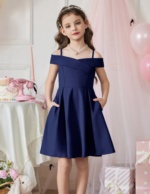 Girls Off Shoulder Pleated A-Line Dress Cold Shoulder Party Dress with Pockets - Navy Blue