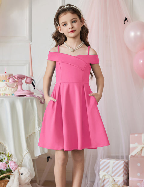 Girls Off Shoulder Pleated A-Line Dress Cold Shoulder Party Dress with Pockets - Hot Pink