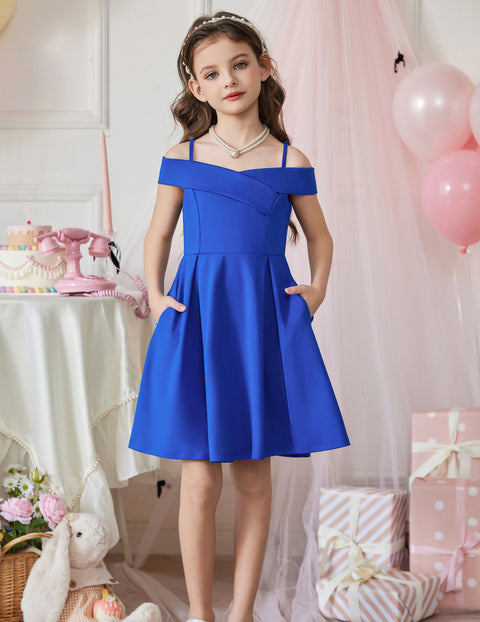 Girls Off Shoulder Pleated A-Line Dress Cold Shoulder Party Dress with Pockets - Royal Blue